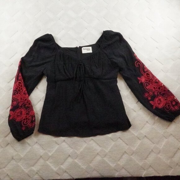 Savanna Jane Embroidered Blouse Womens Large Black Boho - Picture 1 of 10